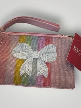 Beaded Bow Pink Rainbow Stripe Wristlet